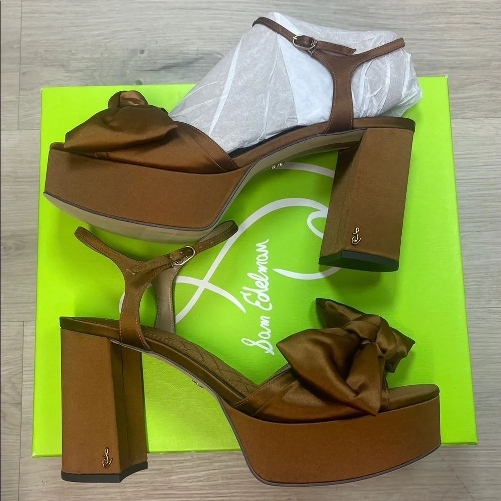NEW Sam Edelman Julieta Platform Block Heel Sandals in Mocha Camel Satin